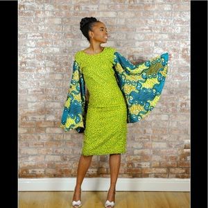Yellow & blue Ankara batwing mini dress with crystals
